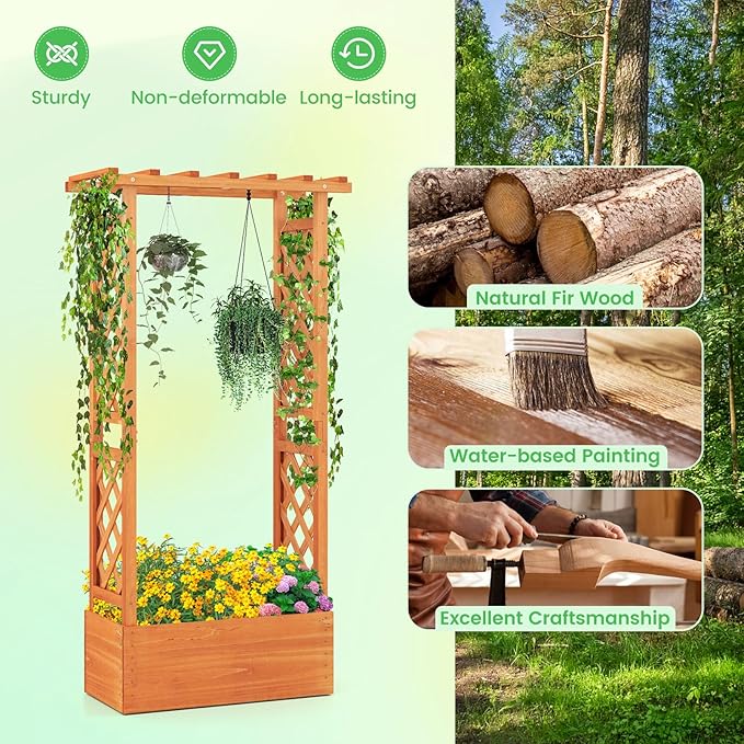 S AFSTAR Raised Garden Bed with Trellis, Wood Planter Box with Hanging Roof & Drainage Holes for Climbing Plants, Vines, Flowers & Vegetables, Indoor Outdoor Plant Container for Patio & Yard