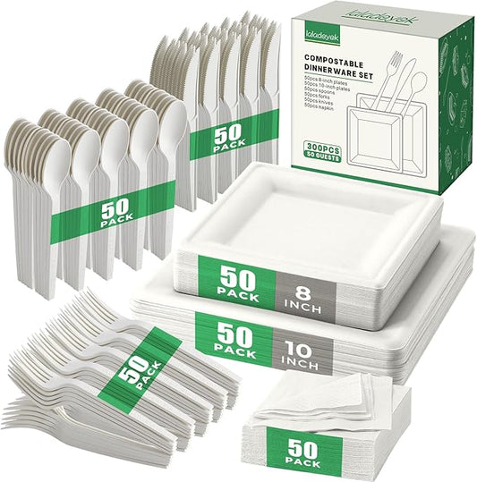 100% Compostable Paper Plates, and Biodegradable Set Includes Forks Spoons and Knives Perfect for Eco Friendly Parties and Gatherings（White 300pcs)