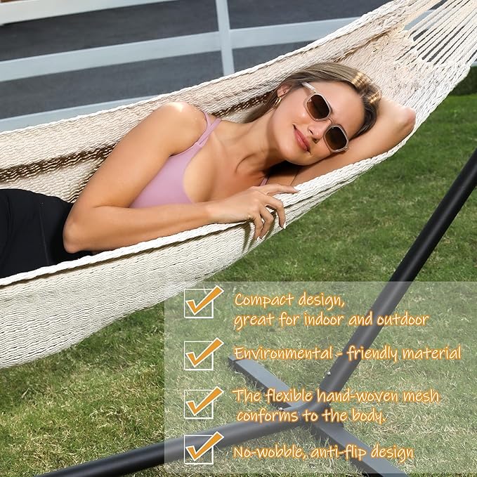 ZEAN Handwoven Hammock by Thick Cotton Rope XXL Two Person Hammock for Outside, Patio Backyard Garden 550LB Capacity