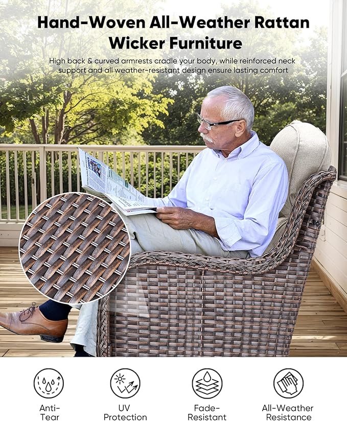 7-Piece Outdoor Wicker Patio Furniture Set with Swivel Glider Chairs,Loveseat, Coffee Table & Ottomans 5” Olefin Cushions Ergonomic Neck-Lumbar Backrest All-Weather Rattan for Garden, Deck, Porch