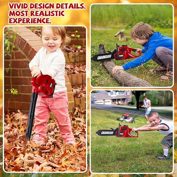 2 Pcs Toy Gardening Tool Set for Kids Leaf Blower, Toy Chainsaw Battery Powered Gardening Tool Set with Lights and Sounds Gift for Boys Girls