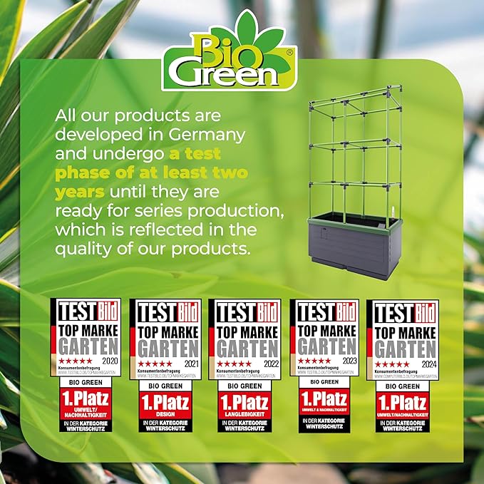 BioGreen Raised Garden Bed with Trellis CITY JUNGLE | 8.98 gal | 13“L x 24“W x 63.4“H | Integrated Irrigation System | Grey Self-Watering Planter Box