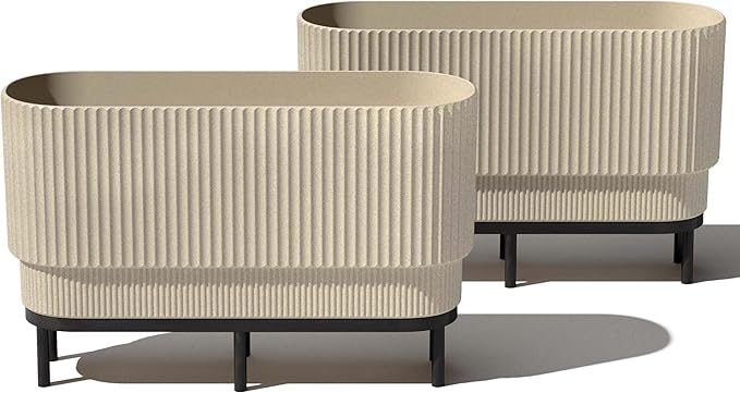 Veradek Demi Series Raised Long Planter for Indoor/Outdoor Use | Made from Plastic & Stone w/Wooden Stand | Modern Patio Décor for Flowers/Shrubs
