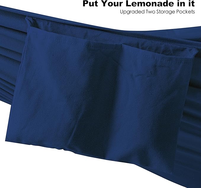 Double Hammock with Stand for Outside, Upgraded Spreader Bar, Heavy Duty Space Saving Steel Stand 2 Person, Side Pockets, Easy Assembly, 600lbs Weight Capacity, Indoor & Outdoor (Navy Blue)