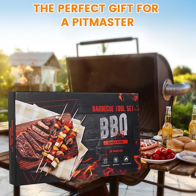 Grill Accessories Kit, Grill Tool Set with 4-in-1 BBQ Spatula, Fork, Tongs, Cleaner Brush, Skewers, Silicone Corn Holders, Silicone Brush, Grilling Gift Set for Men and Women