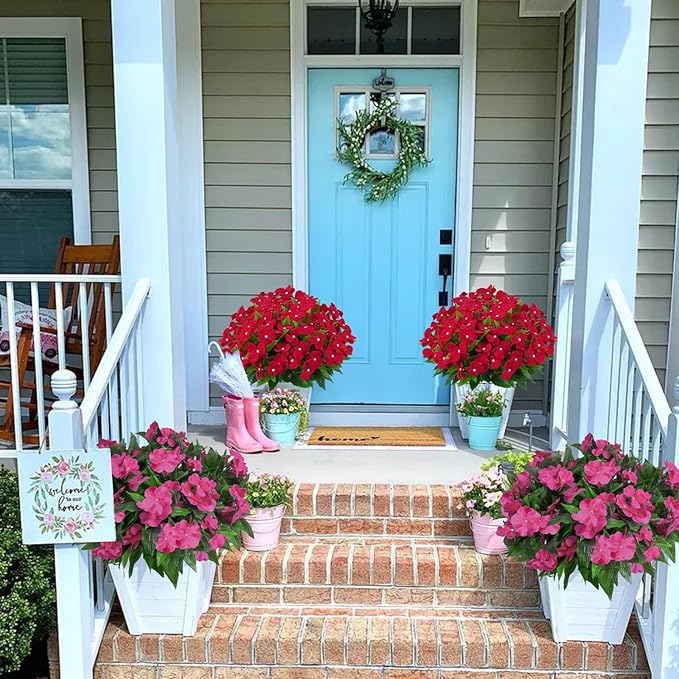 8 Pcs Artificial Impatiens Flowers for Outdoors Faux Impatiens Bouquet Faux Silk Flowers for Outdoor Faux Plants Outside Indoor Pot Patio Garden Hanging Basket Porch Decor (Red)