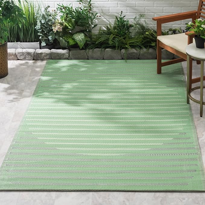 Fab Habitat Striped Outdoor Rug - Waterproof, Fade Resistant, Crease-Free - Premium Recycled Plastic - Porch, Deck, Balcony, Mudroom, Laundry Room, Patio - Kyoto - Green - 3 x 5 ft