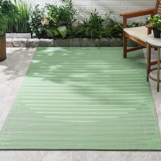 Fab Habitat Striped Outdoor Rug - Waterproof, Fade Resistant, Crease-Free, Reversible - Premium Recycled Plastic - Patio Porch Balcony Deck - Kyoto - Green - 8 x 10 ft