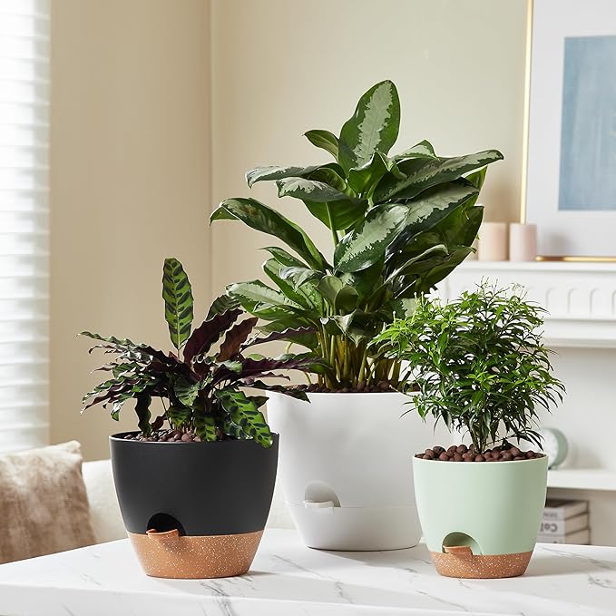 FaithLand 3-Pack Large Planter Pots, 12 10 9 Inch Self Watering Flower Pots for Indoor Outdoor Garden Plants, White with Brown