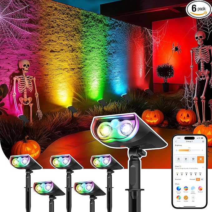Linkind Smart Solar Spot Lights Outdoor SL5 with Motion Sensor, APP Control Color Changing Solar Halloween Lights Outdoor, IP65 Landscape Lighting for Yard, Garden, Pathway(6 Pack)
