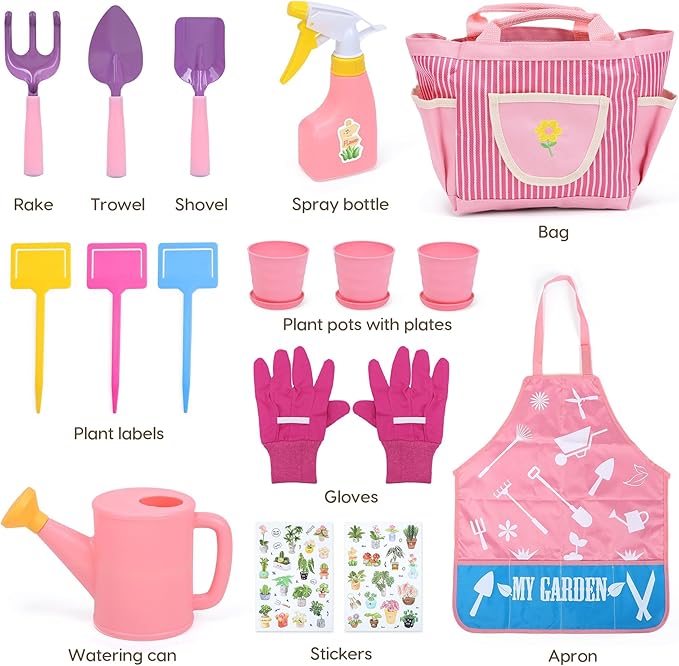 CUTE STONE Kids Gardening Set, Garden Toys with Metal Kids Rake, Shovel, Trowel, Watering Can, Gloves, Tote Bag, Gardening Kit for Toddlers, Outdoor Playset Spring Summer Toys for Girls Boys