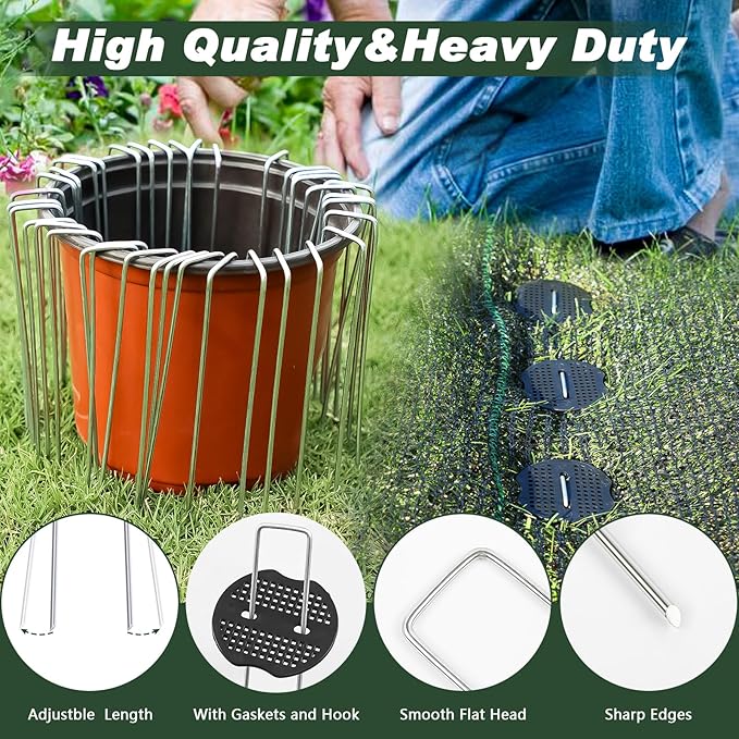 FEED GARDEN 6 Inch 200 Pcs Galvanized Landscape Staples 200 Pcs Gaskets Pick Hook Garden Stakes 11 Gauge Anti-Rust Landscaping Fabric SOD Pins U Shaped Yard Turf Stakes for Weed Barrier Fabric