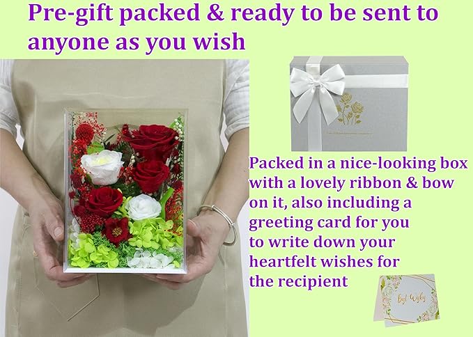 Valley of Rain & Forest Long-Lasting Real Flowers, Handcrafted Preserved Rose Bush For you to Send Love for All Occasions, Floral Arrangement for Indoor Decoration (Red White Roses Arrangement)