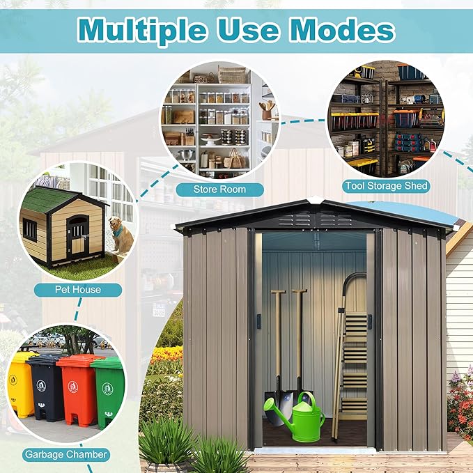 6ft x 4ft Outdoor Tool Shed Metal Storage Shed Outdoor Storage Metal Garden Sheds Tool Cabinet with Roof Slope Design, Sliding Door System for Backyard, Patio, Poolside, Dark Gray