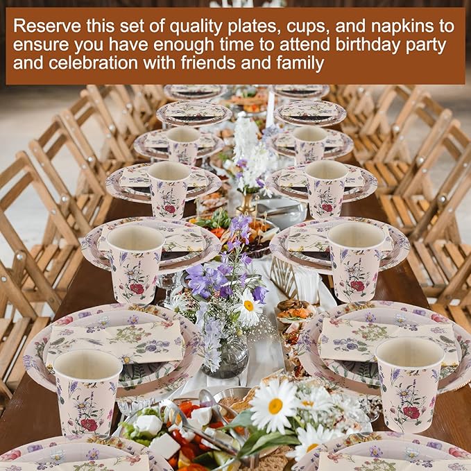 250 Pcs Wildflower Party Decorations Include Spring Summer Floral Paper Plates Napkins and Cups for Wildflower Baby Shower Tea Decorations, Serve 50 Guest(Multicolor,Rustic Style)
