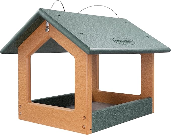 DutchCrafters Amish USA Made Recycled Plastic Large Hanging Modern Fly Through Covered Roof Open Platform Tray Bird Feeder for Outdoors, Garden, Yard (Turf Green & Bright Cedar)