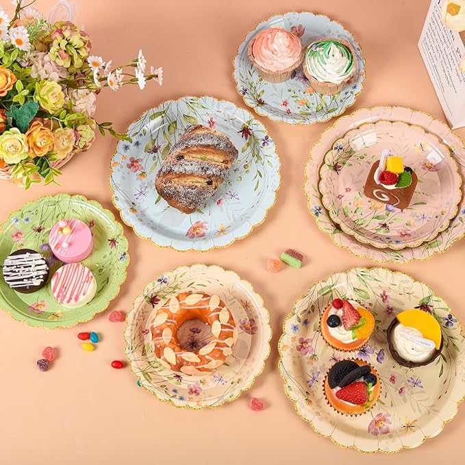 64 Pcs Wildflower Paper Plates Disposable Tableware Set 9 Inch and 7 Inch Floral Paper Plates for Wildflower Baby Shower Tea Party Birthday Wedding Picnic Garden Decoration Supplies