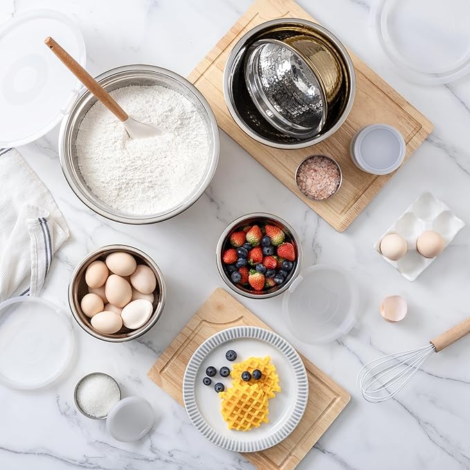 COOK WITH COLOR 18 Piece Mixing Bowls Set with Airtight Lids, Stainless Steel Bowl Organizers, Food Storage Containers, Meal Prep, Nesting Salad Bowls For Cooking, Baking, Kitchen, Gold - Hammered