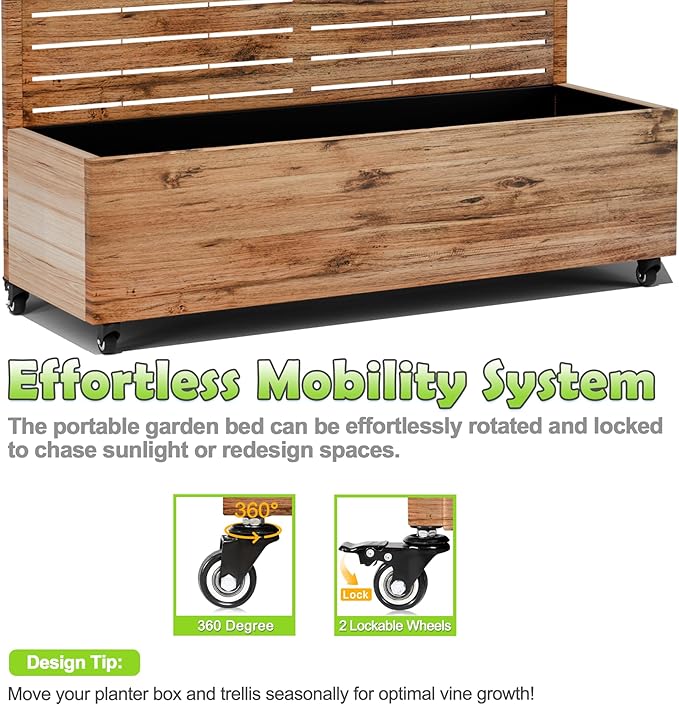 15.7"×70.9"×47.2" Metal Raised Garden Bed with Trellis and Wheels - Tall Trellis Planter Box for Climbing Plants, Vegetables & Vines - Outdoor Privacy Planters for Patio (Natural Wood Grain)