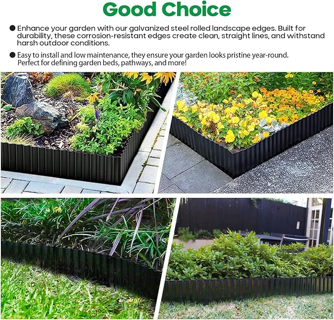 Corrugated Metal Garden Edging, Sturdy Tall Landscape Edging Borders, Perfect DIY for Flower Beds, Lawn and Pathway, Tree Surrounds, Paver Edges (Black, 8"×20FT)