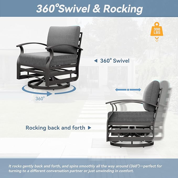 Kurapika 5 Piece Modern Metal Outdoor Conversation Sets, Patio Furniture Set, 4 Aluminum Swivel Chairs w/48in Round Propane Fire Pit Table and Thickened Cushions, Grey