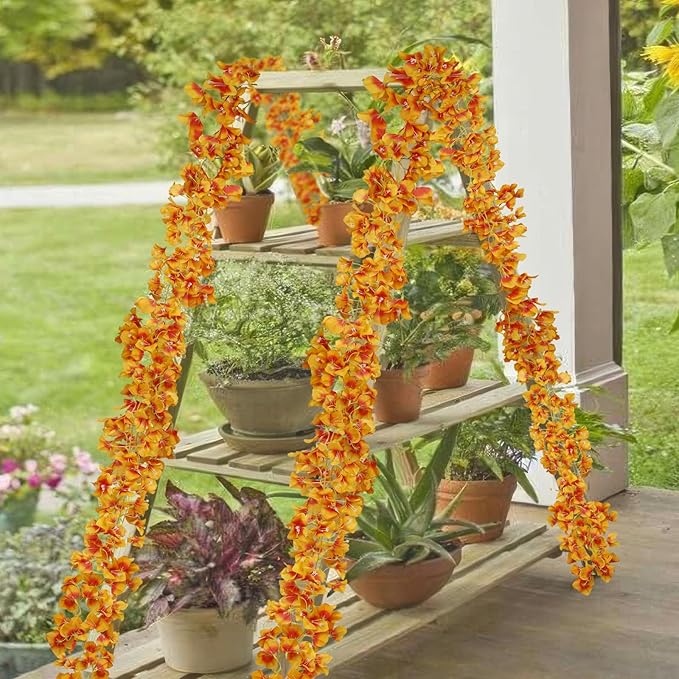 2 Pcs Artificial Bougainvillea Flowers Garland Fake Silk Bougainvilleas Vines Trailing Orange Faux Hanging Flowers Plants Bougainvillea Artificial for Porch Wedding Arch Spring Summer Decor