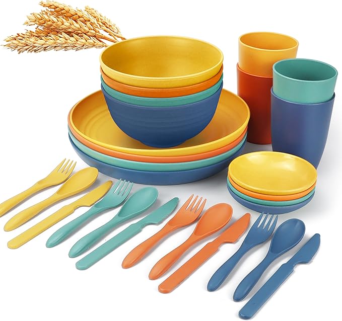 Wrova Wheat straw plates and bowls sets with cutlery - Unbreakable wheat straw dinnerware sets of 28 - Microwave safe plates,bowls,cups for camping,kitchen,new apartment.Colorful