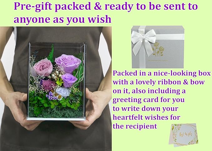 Valley of Rain & Forest Long-Lasting Real Flowers, Handcrafted Preserved Rose Bush For you to Send Love for All Occasions, Floral Arrangement for Indoor Decoration (Purple Rose)