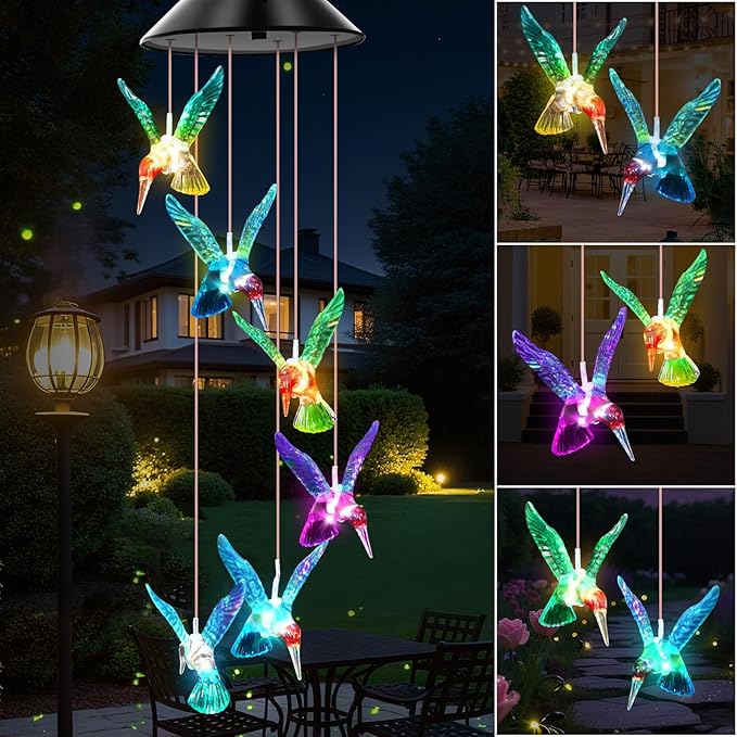 Blue Hummingbird Solar Wind Chimes Color Changing Lights Outdoor, Best Gifts for Mom Grandma Women Wife Aunt Daughter Sister, Unique Mobile Wind Chime, Gardening Yard Decorations