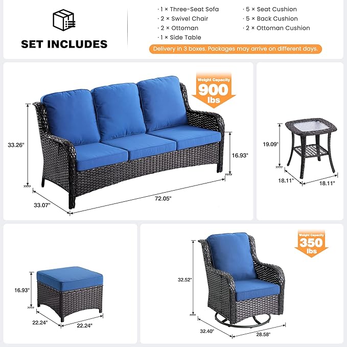 ovios 6 Pieces Patio Furniture Set, Outdoor Wicker Sofa Couch with Swivel Chairs Ottomans Comfy Cushions, All Weather High Back Modern Conversation Sets, Brown Rattan, Navy Blue