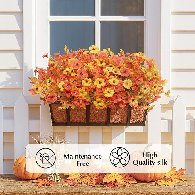 Artificial Mums for Outdoors, 12 Bundles Faux Mums for Outdoor Planters,Uv Resistant Artificial Fake Flowers Plants, Realistic Fall Decor for Porch, Patio, Yard (OrangeYellow)