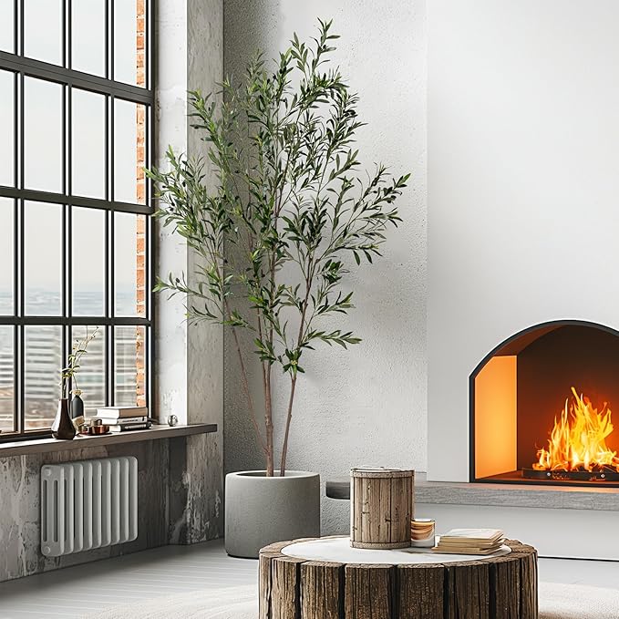 8FT Artificial Olive Tree Tall Faux Silk Plant Tall Faux Olive Tree with Natural Wood Trunk & Lifelike Fruits Fake Potted Tree or Home Office Decor