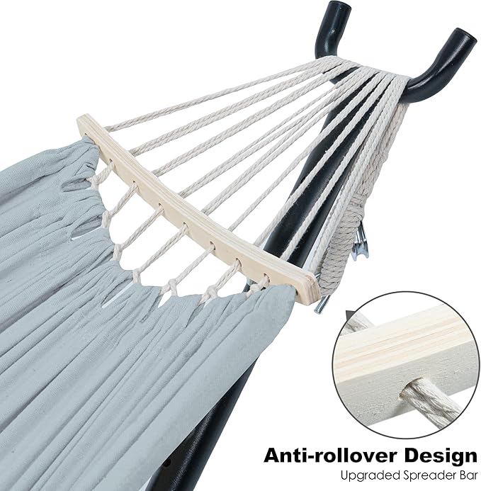 Double Hammock with Stand for Outside, Upgraded Spreader Bar, Heavy Duty Space Saving Steel Stand 2 Person, Side Pockets, Easy Assembly, 600lbs Weight Capacity, Indoor & Outdoor (Light Grey)