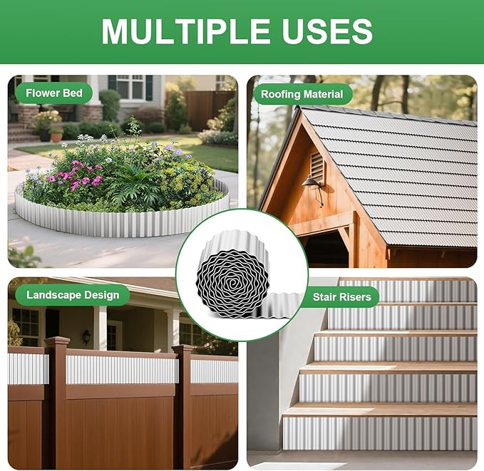 AHEONLAR Corrugated Metal Garden Edging, 5''×100Ft Garden Border Edging, Landscape Edging Border, Metal Edging for Landscaping, Garden, Pathway, Lawn, Flower Bed(Silver)