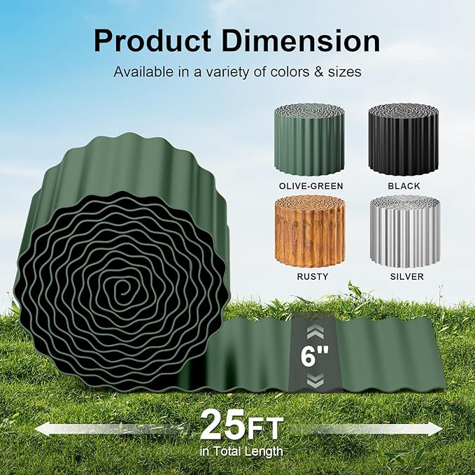 Land Guard Corrugated Metal Garden Edging, 6"×25Ft Steel Landscape Edging, Corrugated Metal Yard Edging Borders, Steel Edging for Landscaping, Garden Fence, Lawn, Flower Bed (Olive-Green)