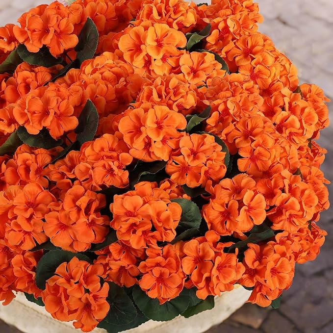 Hananona 12 Pcs Artificial Geranium Flowers for Outdoors Orange Silk Geranium Flowers Outdoor UV Resistant Plants Faux Fall Flower for Home Kitchen Autumn Table Centerpieces Decor (12, Orange)