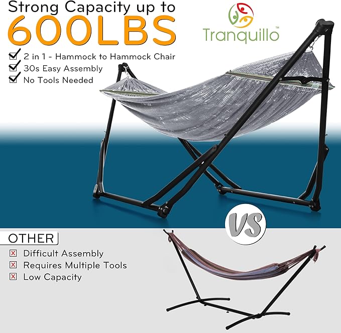 Tranquillo UniGen Hammock, Hammock Stands Heavy Duty Indoor/Outdoor Hammock with Signature Steel Stand, 600lbs Premium Foldable, Durable 2-Layered Soft Polyester, Grey