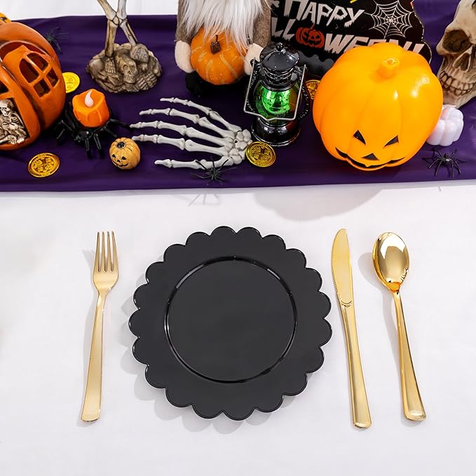 SUT 72 PCS Black Plastic Plates - 7.5 Inch Elegant Disposable Party Tableware for Halloween, New Year, Dessert & Celebrations