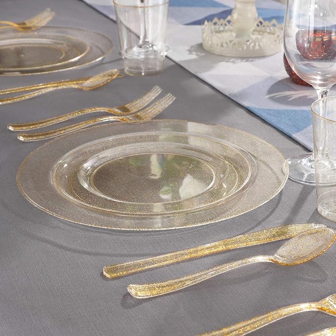 WELLIFE 300PCS Gold Glitter Plastic Plates, Gold Plastic Dinnerware Includes: 50 Dinner and 50 Dessert Plates, 150 Cutlery, 50 Cups for Party