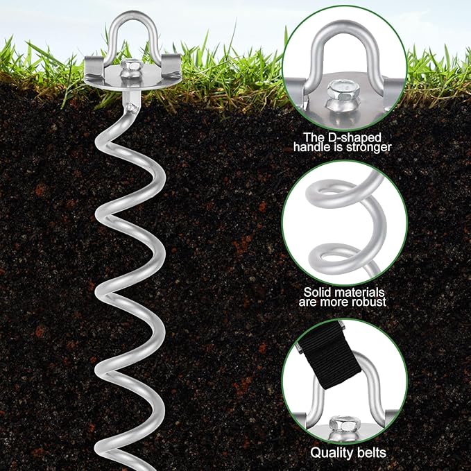 MIXXIDEA 17.5 Inch Gound Anchors Screw in, Metal Spiral Earth Anchors Kit, Heavy Duty Folding Ring Ground Stakes for Tent Trampolines, Garden Fence, Sheds, Swings (Silver, 17.5 Inch with 92in Strap)