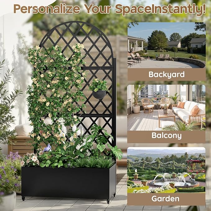 Metal Raised Garden Bed with Trellis & Wheels,70" x 35"x 15.7" Planter Box with Trellis,Privacy Planters for Patio,Garden Bed for Climbing Plants,Suitable for Climbing Plants and Vegetables,Black