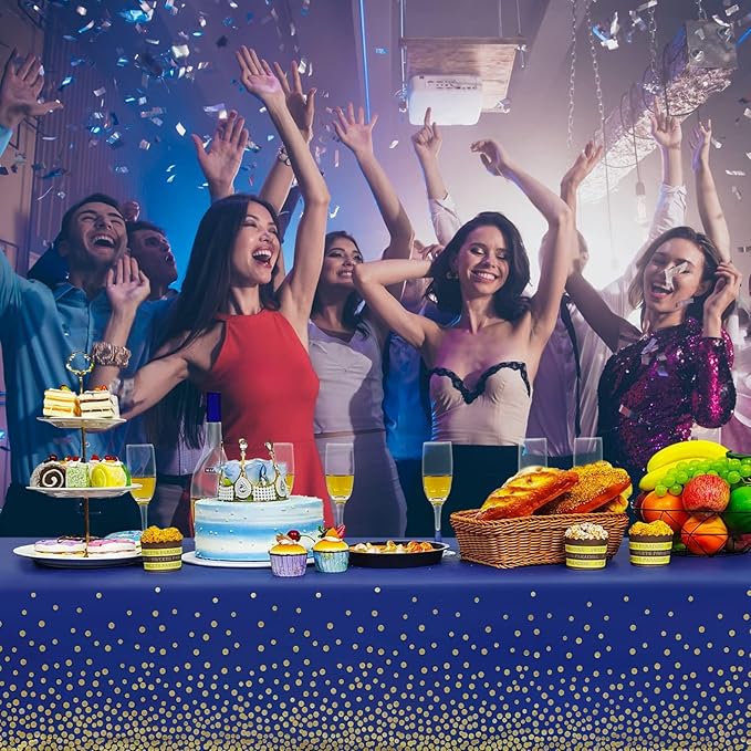 2 Pack Navy Blue and Gold Dot Tablecloth, Blue Plastic Table Cloths for Parties Disposable, 54x108in Waterproof Rectangular Camping Tablecloth for Birthday Party Graduation Picnic Baby Shower