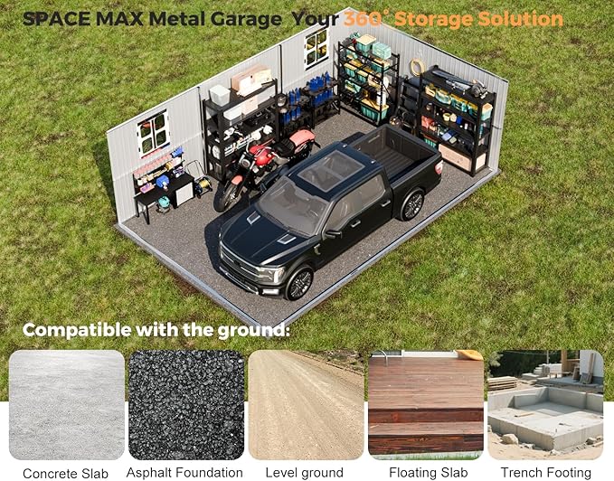 Metal Garage Shed 13x20x8.5' with Floor Frame Kit, Large Outdoor Storage Building Ultra-Reinforced Truss System, with Skylights Dual-Entry Steel Carport Workshop for Car Boat Big Tool Organization