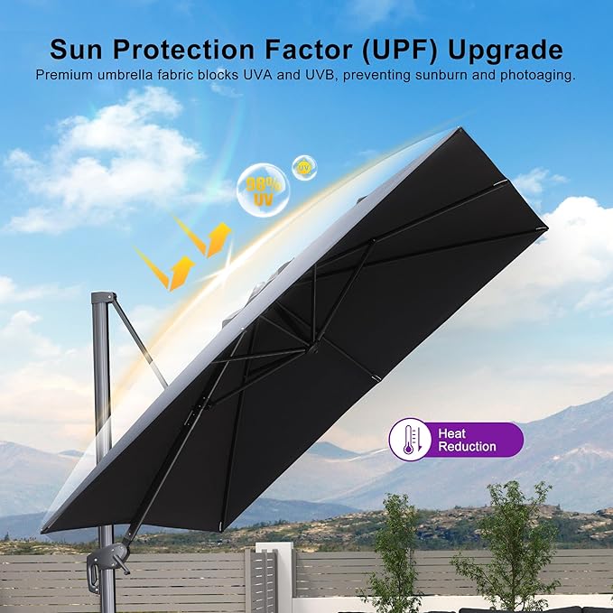 PURPLE LEAF 9 FT Outdoor Umbrella with Base Patio Cantilever Aluminum Umbrella with 3 Years Fade Resistance Recycled Fabric Offset Square with 360-degree Rotation for Deck Pool Garden, Graphite Grey