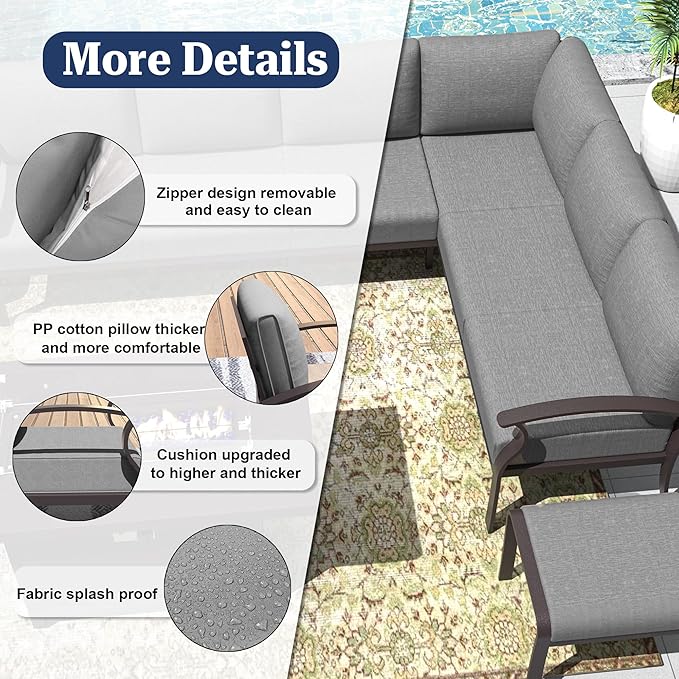 Kurapika Patio Furniture Set 10-Piece Aluminum Sectional Sofa with Armrest, Modern Outdoor Conversation Set w/55000 BTU Propane Fire Pit Table, Metal Corner Sofa with Ottoman, Grey