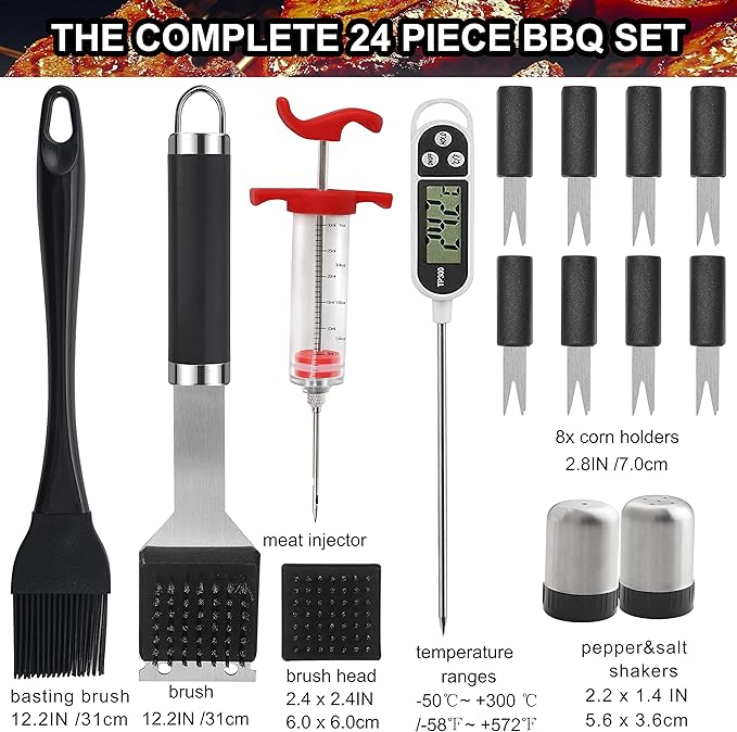 Grilljoy 24PCS BBQ Grill Tools Set with Meat Thermometer and Injector - Extra Thick Stainless Steel Fork, Spatula& Tongs - Complete BBQ Accessories in Aluminum Case - Perfect Grill Gifts for Men
