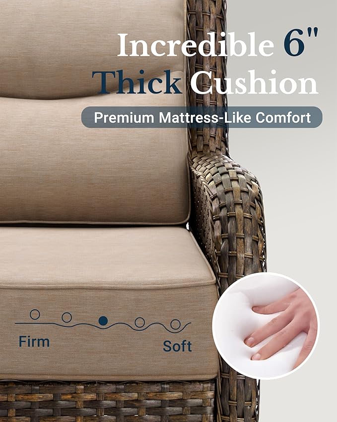 HILLGA Luxury Patio Furniture Set with 6-inch Thick Cushion, Outdoor Couch and High Back Swivel Rocker Patio Chairs, 6PCS Wicker Conversation Set for Deck Yard and Poolside, Beige (V2)