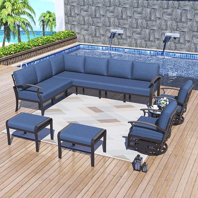 Kurapika Patio Furniture Set 10-Piece Aluminum Sectional Sofa with Armrest, Modern Outdoor Conversation Set, Metal Corner Sofa with Ottoman, Navy Blue