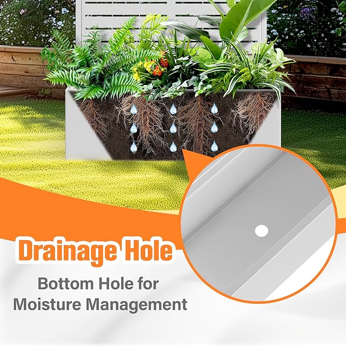 Metal Planter Box with Trellis, Raised Garder Bed with Drainage Hole, Privacy Screen & Trellis for Climbing Plants, Outdoor Plant Stands, 35''L×16''W×71''H, White