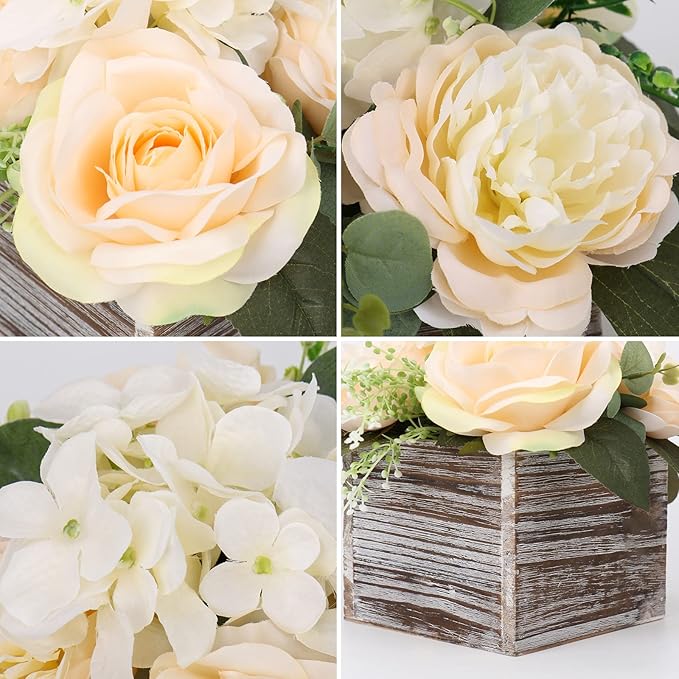 DILATATA Flower Arrangement with Wooden Vase 8" Artificial Flowers in Pot - Fake Flowers Roses Peonies Hydrangeas in Wooden Vase Potted Flower Centerpieces for Table Decor - Pale Yellow